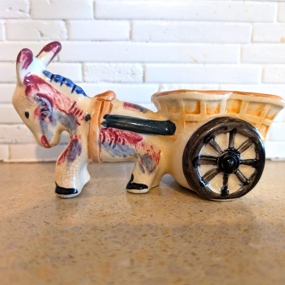Occupied Japan Vintage Donkey Burro pulling Cart Porcelain Planter Ceramic Dish - Picture 1 of 11